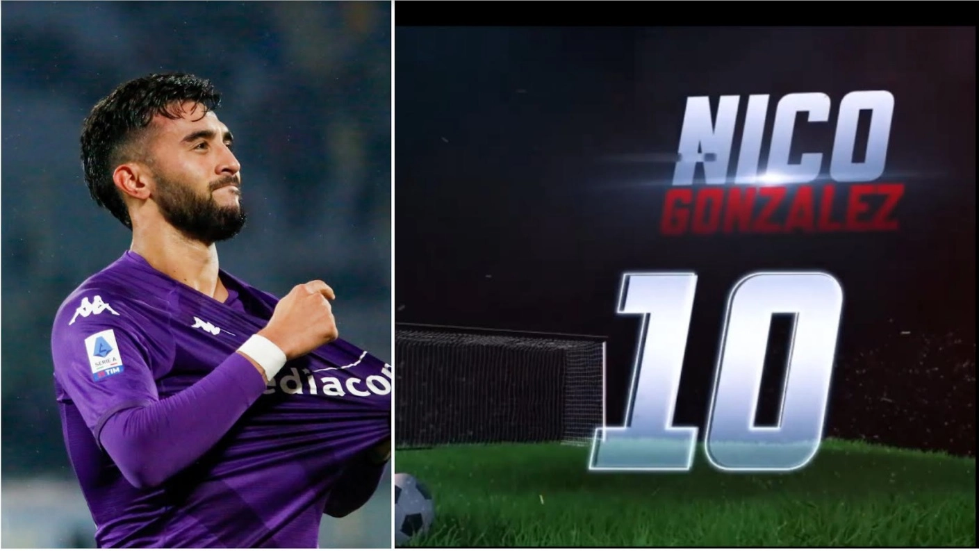 Nico Gonzalez (Germogli) con, accanto, la schermata con il suo numero 10 tratta dalla diretta di Acf Fiorentina