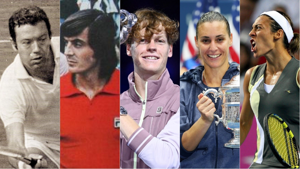 Da sinistra: Nicola Pietrangeli, Adriano Panatta, Jannik Sinner, Flavia Pennetta e Francesca Schiavone