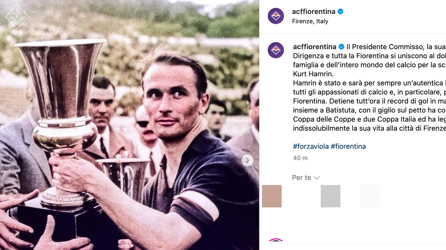 Il post della Fiorentina in ricordo di Kurt Hamrin