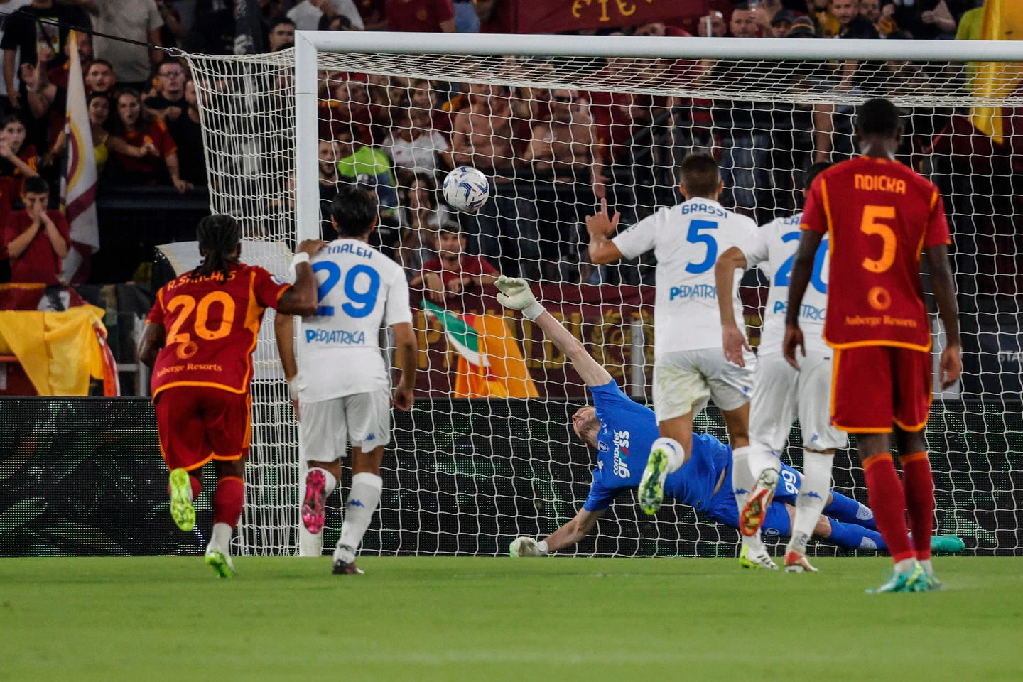 Roma�s Paulo Dybala scores the 1 - 0 goal during the Italian Serie A soccer match between  AS Roma vs Empoli FC at the Olimpico stadium in Rome, Italy, 17 September 2023. ANSA/GIUSEPPE LAMI