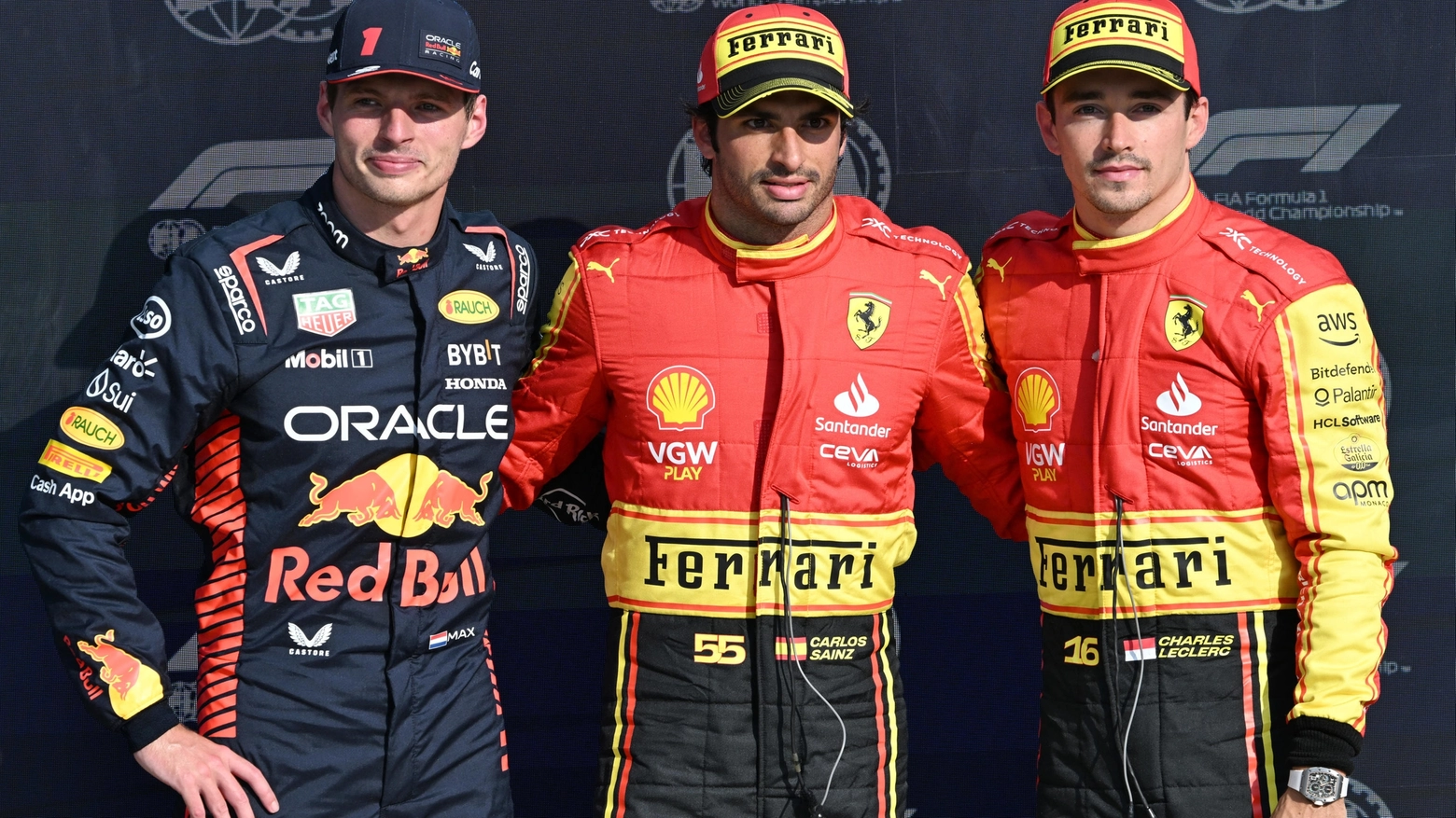 Max Verstappen, Carlos Sainz e Charles Leclerc (Ansa)
