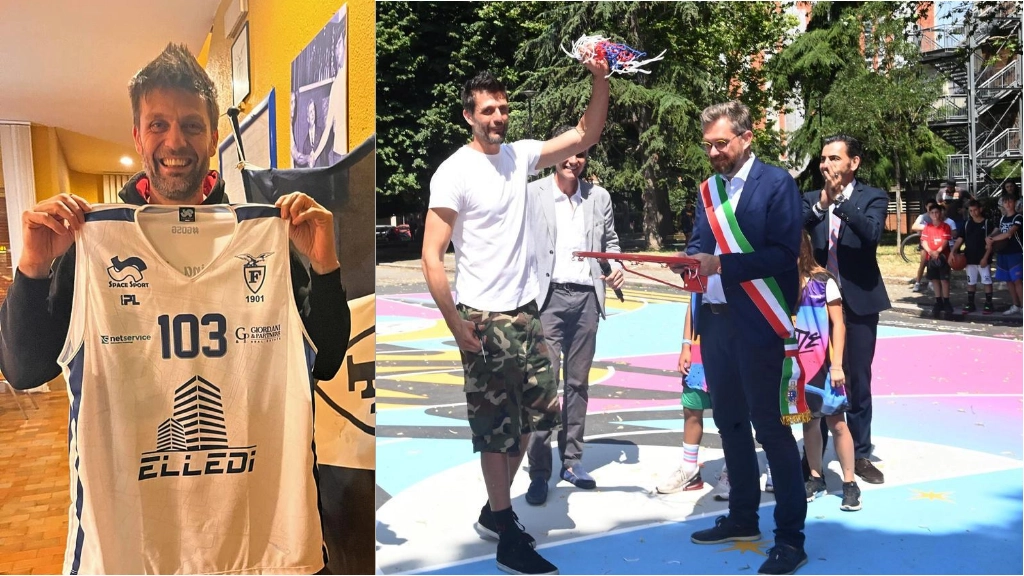Luigi Dordei posa con la nuova maglia della Sg Fortitudo. A destra: all’intitolazione del playground di via Graziano