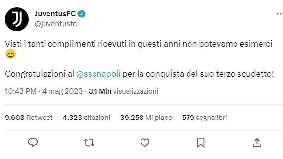 Il tweet della Juventus