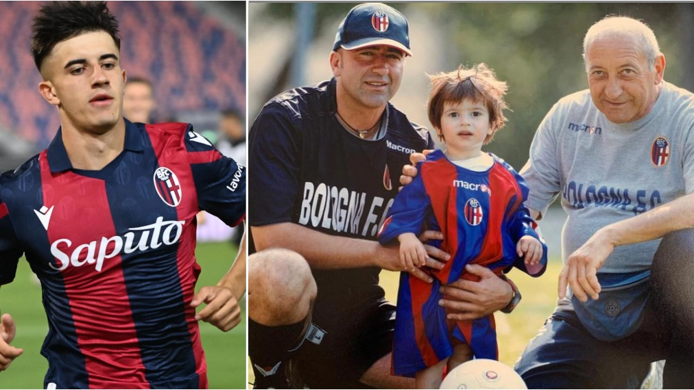 Tommaso Corazza, 19 anni, in campo contro il Cesena e da piccolo con il papà Daniele e il nonno Lanfranco