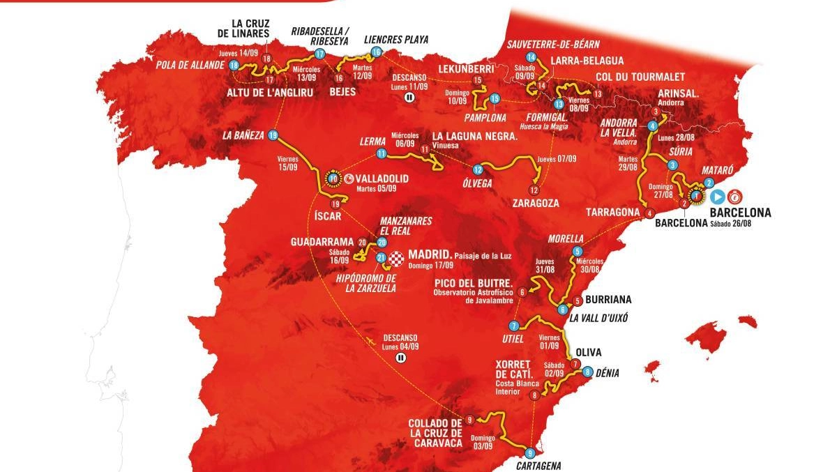 Da sabato la Vuelta 2023 con partenza da Barcellona e arrivo a Madrid