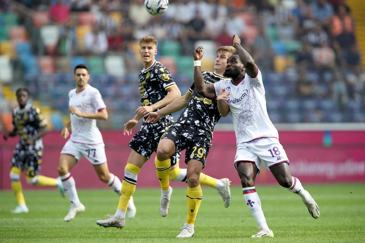 Udinese's Jaka Bijol (L) and Fiorentina's M'bala Nzola in action during the Italian Serie A soccer match Udinese Calcio vs ACF Fiorentina at the Friuli - Dacia Arena stadium in Udine, Italy, 24 September 2023. ANSA / GABRIELE MENIS