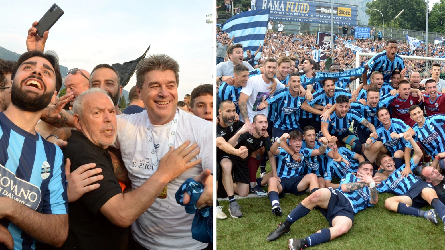 Il presidente Paolo Di Nunno, il tecnico Luciano Foschi e la squadra festeggiano la promozione in serie B ottenuta sul campo domenica 18 giugno scorso