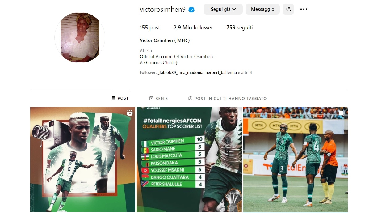 Il profilo Instagram del calciatore del Napoli