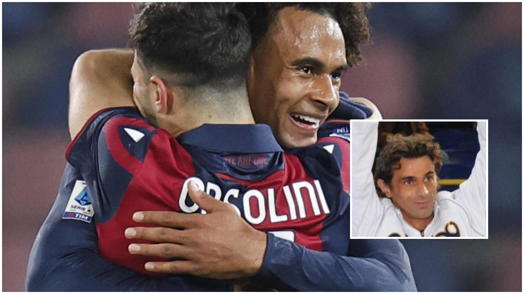 Joshua Zirkzee festeggia Riccardo Orsolini dopo il gol alla Fiorentina (Ansa). Nel riquadro, Carlo Nervo, 52 anni: in rossoblù 337 presenze e 36 gol (Schicchi)