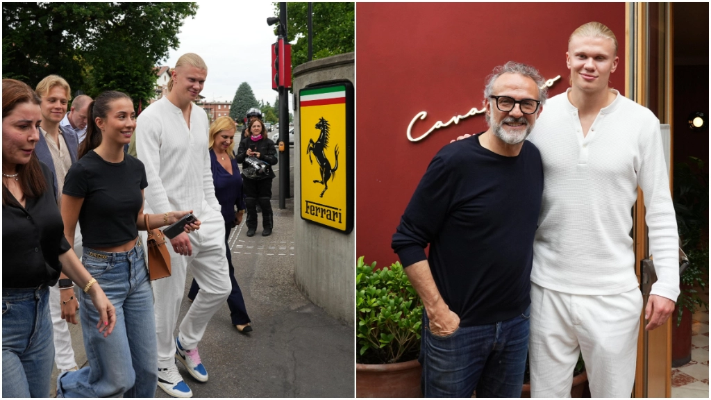 Erling Braut Haaland all'ingresso della Ferrari e con Bottura, davanti al Cavallino (foto Fiocchi)