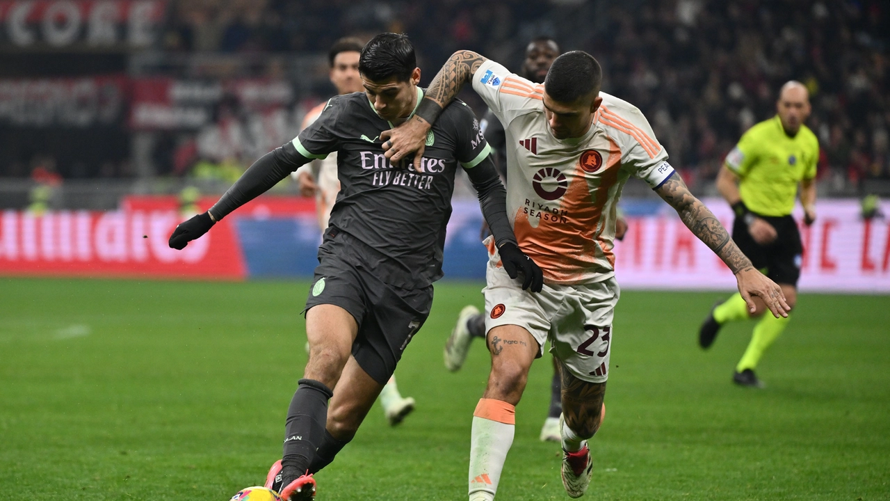 Nella foto Alvaro Morata (Milan) e Gianluca Mancini (Roma)