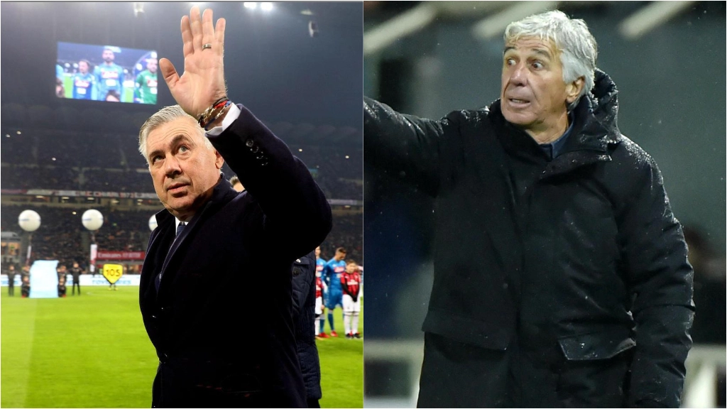 A sinistra l'allenatore del Real Madrid, Carlo Ancelotti, a destra Gian Piero Gasperini, alla guida dell'Atalanta dal 2016