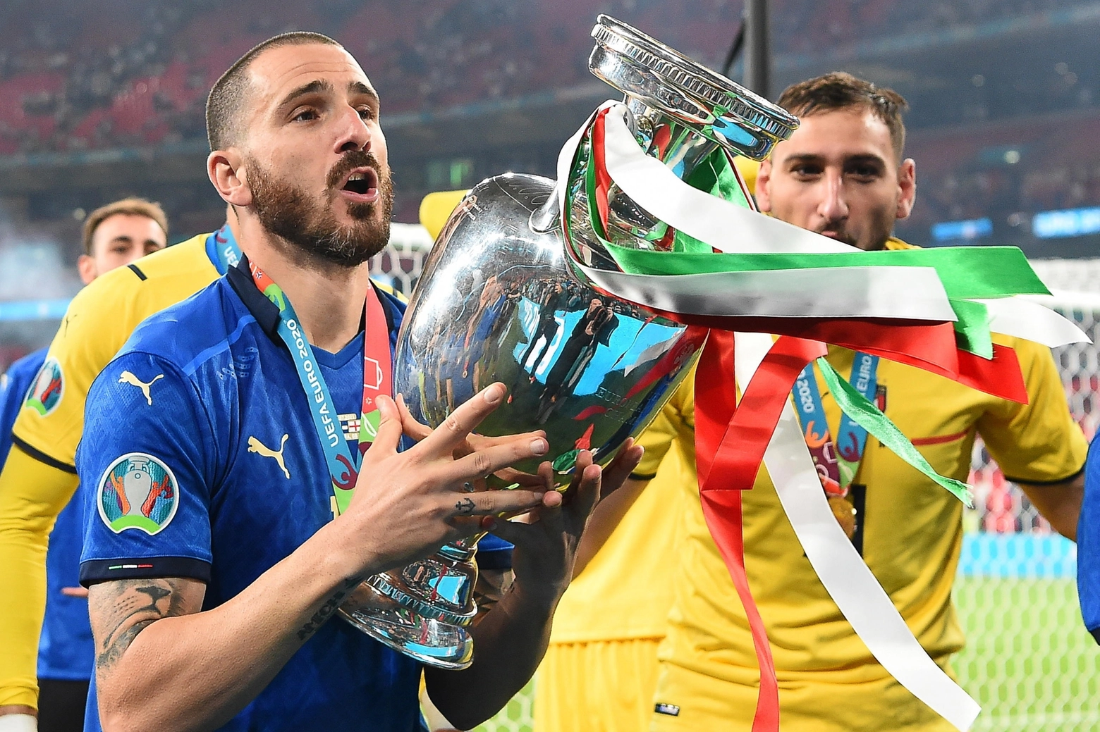 Euro 2020, l'esultanza di Bonucci e Donnarumma (Ansa)