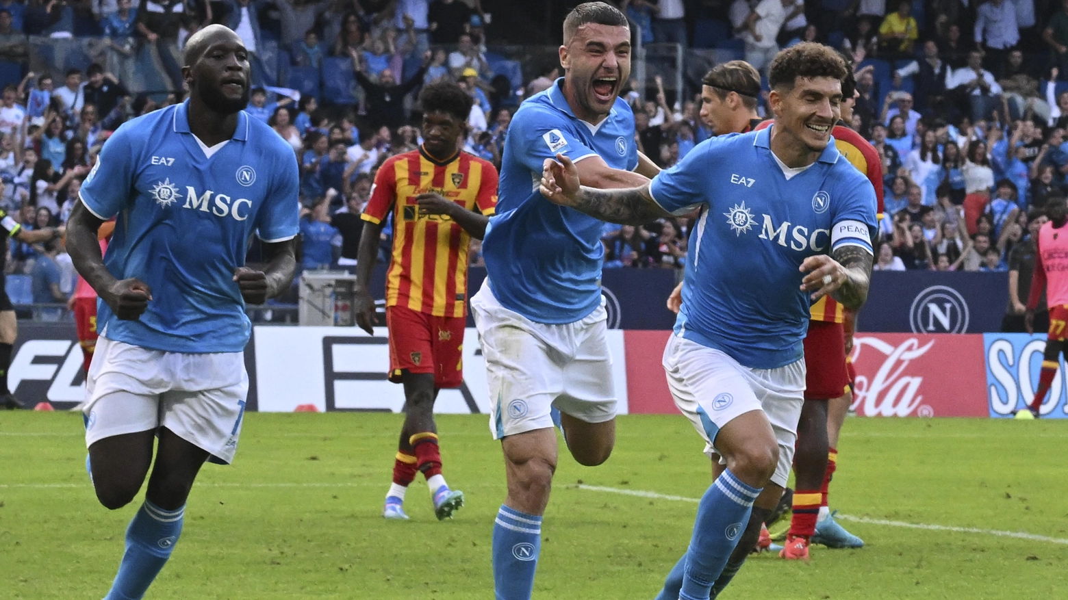 Napoli-Lecce, l'esultanza degli azzurri (Ansa)