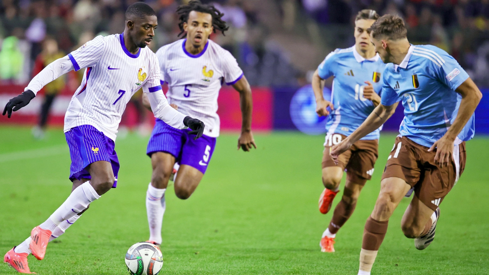 Un momento della partita Belgio-Francia, valida per la Nations League (Ansa)