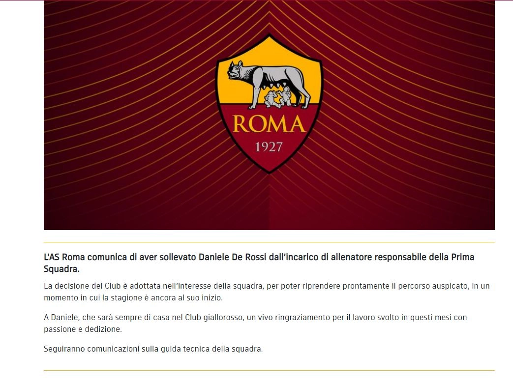 Il comunicato dell'esonero di Se Rossi sul sito dell'As Roma