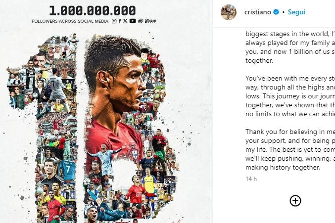 Il post celebrativo di Cristiano Ronaldo: 1 miliardo di follower su tutti i social