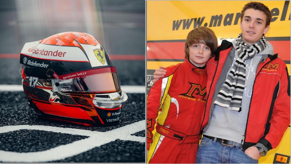 Il casco speciale di Leclerc e una foto del monegasco con l'amico Bianchi