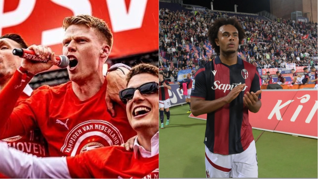 L'ex calciatore del Bologna Jerdy Schouten (a sinistra, foto Instagram) e il centravanti rossoblù Joshua Zirkzee (FotoSchicchi): l'anno prossimo potrebbero sfidarsi in Champions League
