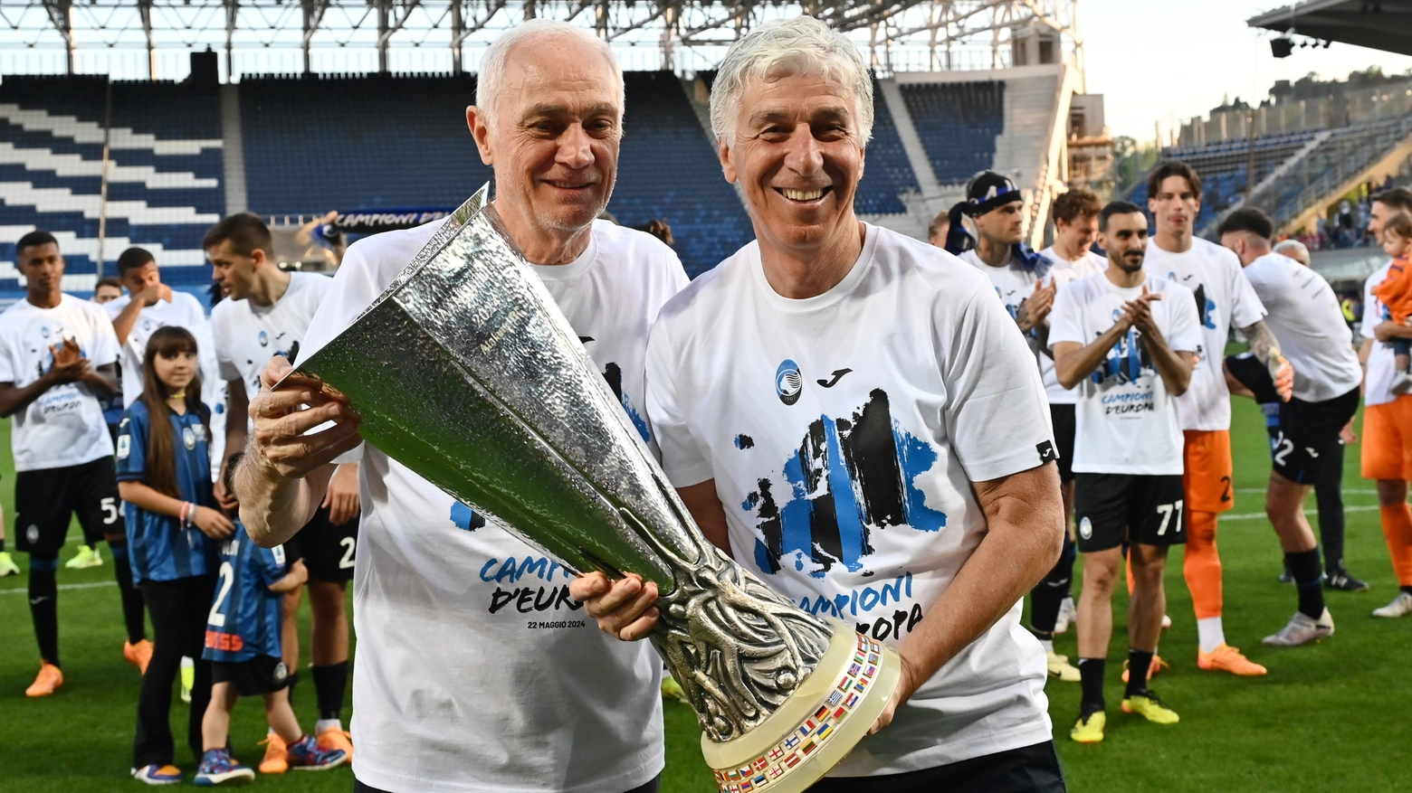 Antonio Percassi e Gian Piero Gasperini festeggiano l'Europa League al Gewiss lo scorso maggio