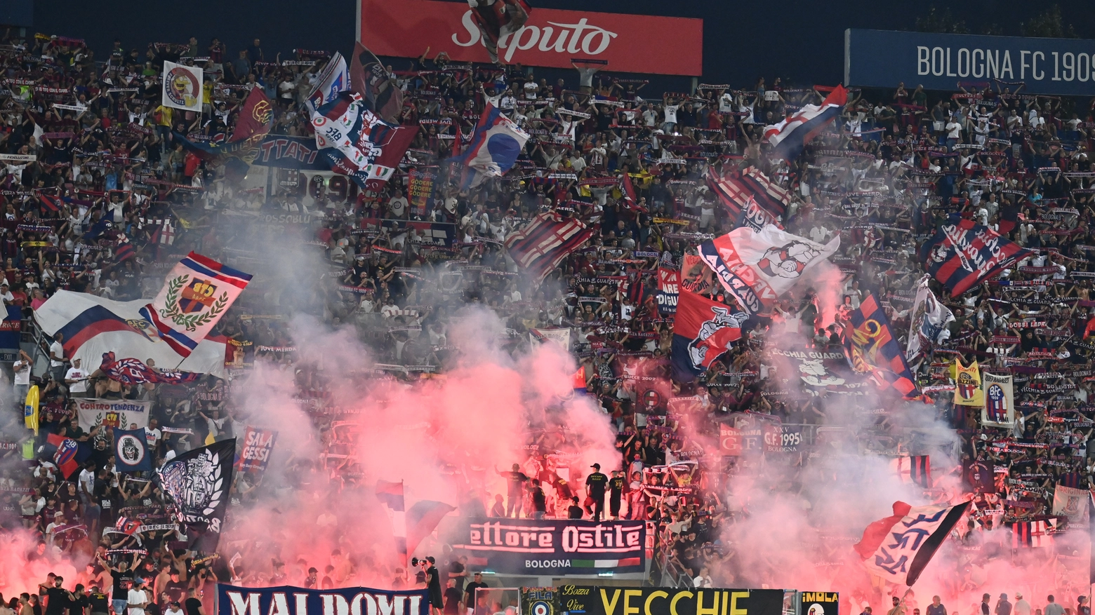 La curva del Bologna in una delle partite casalinghe della scorsa stagione: il weekend del 18 agosto i rossoblù ripartiranno dal Dall'Ara contro l'Udinese (FotoSchicchi)