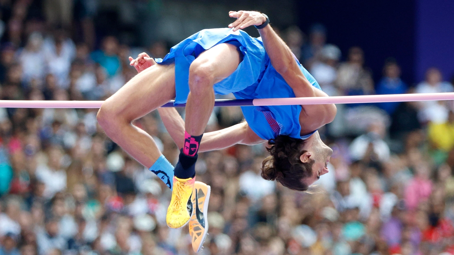 Gianmarco Tamberi nelle qualificazioni di salto in alto (Ansa)