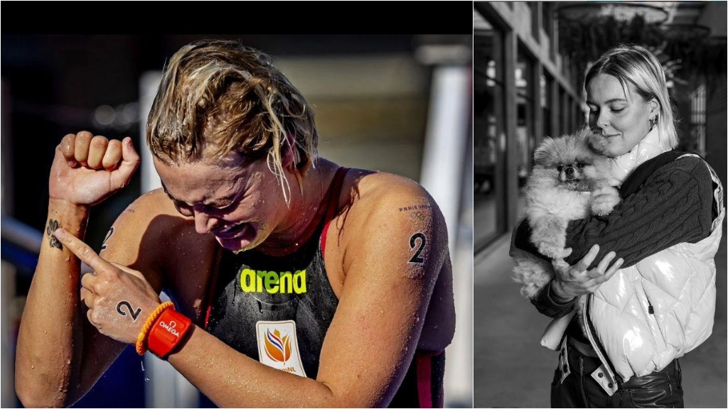 Sharon van Rouwendaal bacia il tatuaggio all'arrivo della 10 km a Parigi, a destra una su foto con il cane (Instagram)