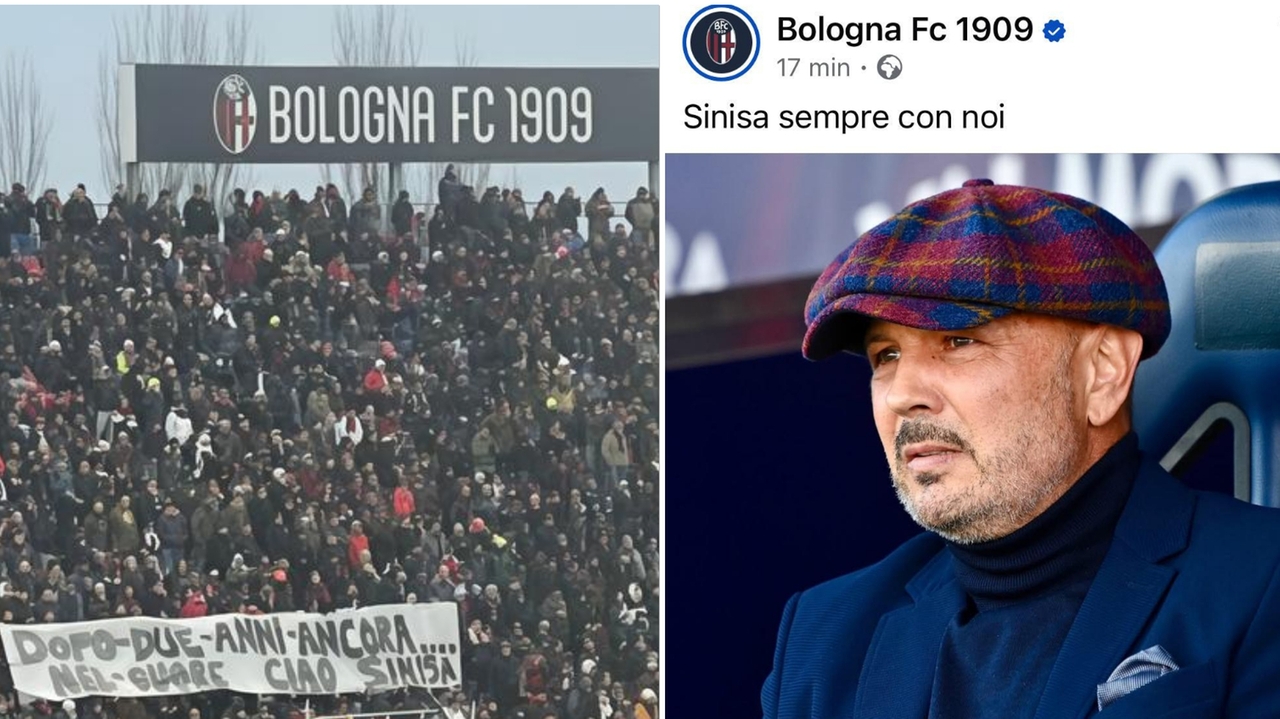 Lo striscione dedicato a Sinisa Mihajlovic dalla curva Bulgarelli. A destra il post del Bologna Fc: "Sinisa sempre con noi"